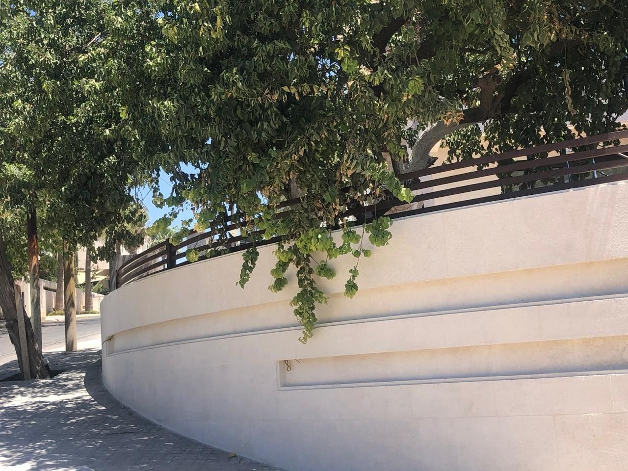 Curved boundary wall with landscaping